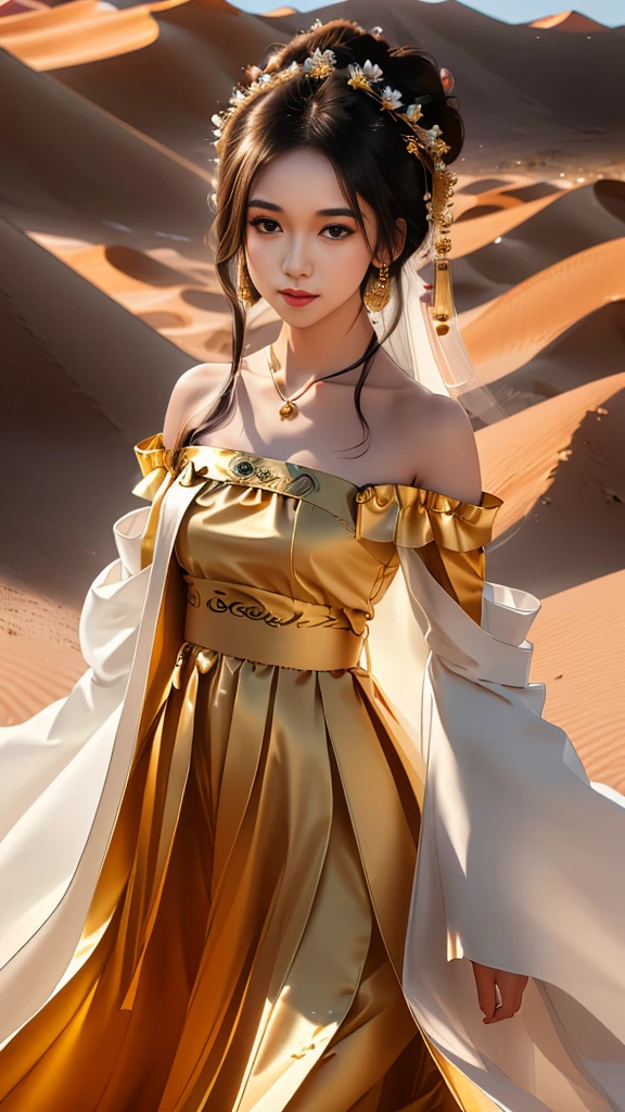 Girl in traditional Chinese clothing, Hanfu, Guzhen Hanfu women, White Hanfu,(long straight black hair:1.5), black eyes, black bun hairstyle, hair accessories ,gold long earrings, , Dia Necklace, Clear eyes, Facing forward,put on makeup, Long eyelashes ,(black long shoulder coat:1.8), (Very long skirt, black:1.5), ((Whole body covering)), Clear face, hair accessoriesจำนวนมาก , (Very beautiful face, Beautiful mouth, beautiful eyes), detailed face, ((Ultra-fine skin)), In the dark, deep shadows, an ancient Chinese girl (Very slim figure 1.3) ,Plump breasts, elegant posture , There is a red flower spot on the forehead. , pointing at the camera, (desert:1.5),