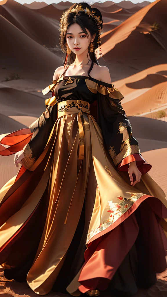 Girl in traditional Chinese clothing, Hanfu, Guzhen Hanfu women, White Hanfu,(long straight black hair:1.5), black eyes, black bun hairstyle, hair accessories ,gold long earrings, , Dia Necklace, Clear eyes, Facing forward,put on makeup, Long eyelashes ,(black long shoulder coat:1.8), (Very long skirt, black:1.5), ((Whole body covering)), Clear face, hair accessoriesจำนวนมาก , (Very beautiful face, Beautiful mouth, beautiful eyes), detailed face, ((Ultra-fine skin)), In the dark, deep shadows, an ancient Chinese girl (Very slim figure 1.3) ,Plump breasts, elegant posture , There is a red flower spot on the forehead. , pointing at the camera, (desert:1.5),