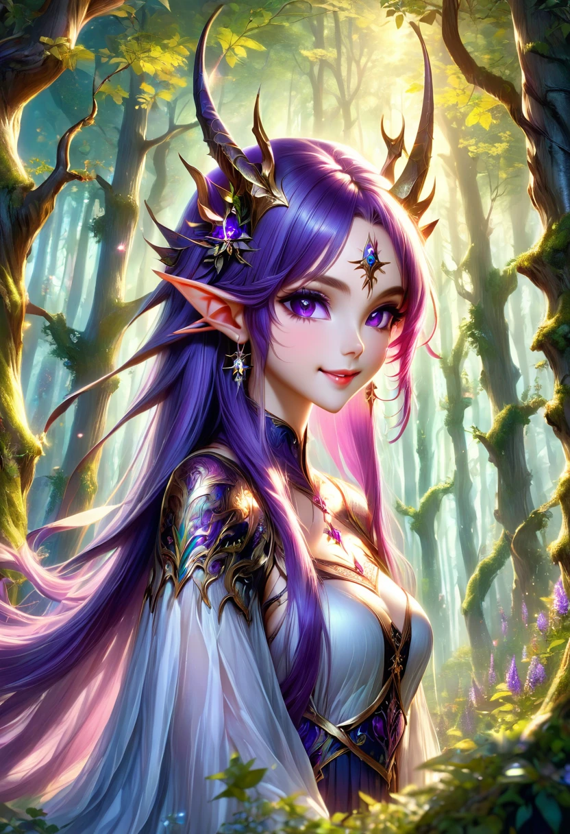 masterpiece, Highest quality, Very detailed, High resolution, An expensive solution, High resolution, masterpiece, depth, Fine texture, Highest quality, Total concentration, (very pretty anime Elf Girl), (Beautiful Gothic Elf Woman, Young Elves, Elf Girl, pretty girl, Young girl),Has horns on its headがある, Grin, smile, (A chic dress with beautiful details, Fluffy long sleeves, ), Purple eyes, Long eyelashes, Low angle shot、eyeliner, Huge thighs, Wide Hips, Tight waist, ( Purple hair), (Light Hair, Long Hair), bangs, Gradient Hair), Shiny Hair,  Forest as a background, Fantasy art, 8k high quality detailed art, A fusion of realism and colorful fantasy, Gothic art style, Fantasy art style, a beautiful fantasy Young Elves, CGI anime Fantasy artwork, charm,  Seductive posture, Standing posture,Vibrant colors, 自信に満ちたsmile, gentle smile, Beautiful attention to detail, Beautiful lip detail, Very detailed目と顔, Long eyelashes, Vibrant colors, Professional, Very detailedな, Intricate details, Volumetric lighting, Lens flare, particle,(White and platinum color scheme), mysterious, mysteriousな.Has horns on its head,Standing posture、Low angle shot