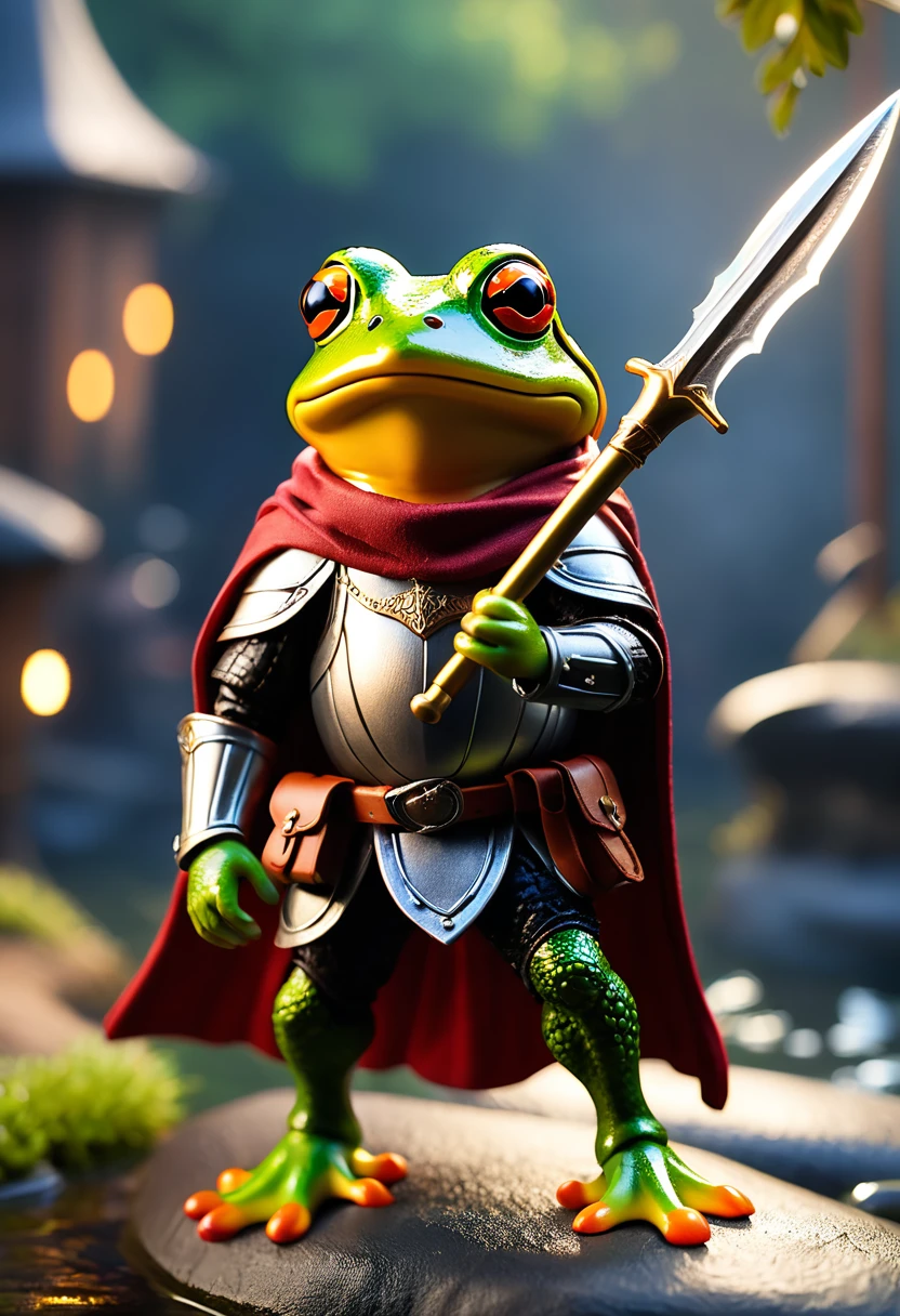 Knight Frog, Cool frog, Pop Frog, diorama, simple backround, bandana, epic trident in hand, gritty, cape, best quality, Capture the most beautiful moments, Depth of the written edge, super detailed, Ultra high resolution