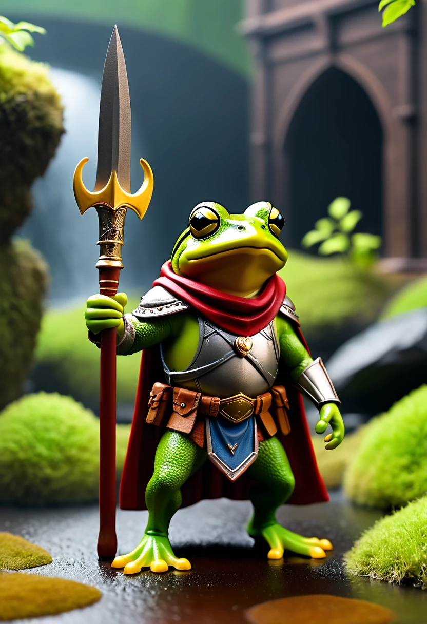 Knight Frog, Cool frog, Pop Frog, diorama, simple backround, bandana, epic trident in hand, gritty, cape, best quality, Capture the most beautiful moments, Depth of the written edge, super detailed, Ultra high resolution