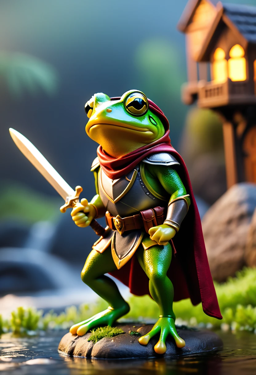 Knight Frog, Cool frog, Pop Frog, diorama, simple backround, bandana, epic trident in hand, gritty, cape, best quality, Capture the most beautiful moments, Depth of the written edge, super detailed, Ultra high resolution