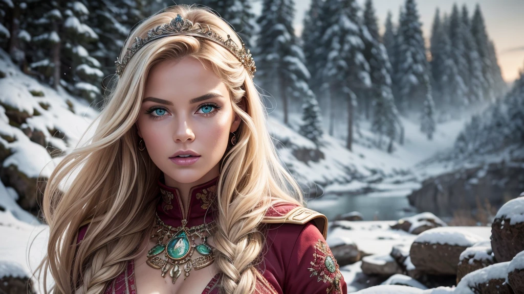 vintage style fantasy, masterpiece, magnificent art, best quality, 1girl, close-up girl nordic princess, Scandinavian mountains, winter weather, symmetrical and hyper detailed face, silky skin like peach silk, vibrant and aggressive green eyes, white and messy hair up to the waist, sculptural body, (sparks: 0.7), Adobe Illustration, Trand on Artstation, 8K, hd, UHD, cold and soft lighting,  --q 500 --s 100, -