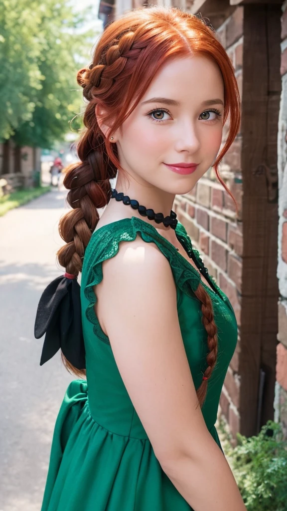 Create a live-action image of Anna from Disney’s Frozen. She should have red hair styled in an updo with braids, wear a green dress with a black choker necklace, and be set in a charming village with quaint buildings in the background. Ensure she has realistic facial features, capturing her warm and adventurous personality, and maintain the essence of the animated character.”