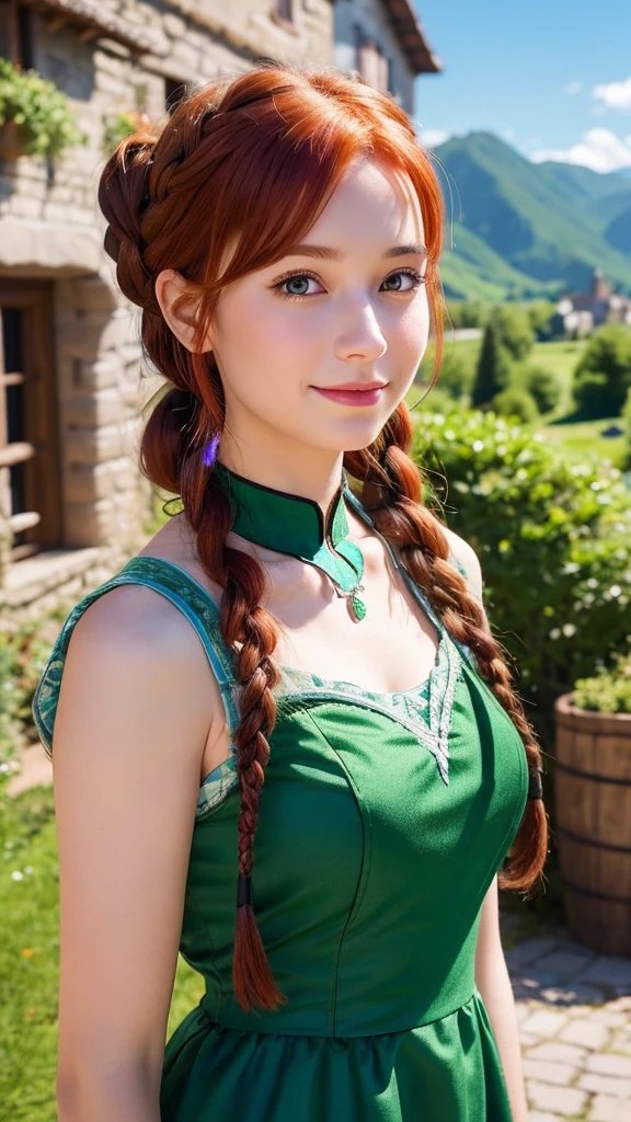 Create a live-action image of Anna from Disney’s Frozen. She should have red hair styled in an updo with braids, wear a green dress with a black choker necklace, and be set in a charming village with quaint buildings in the background. Ensure she has realistic facial features, capturing her warm and adventurous personality, and maintain the essence of the animated character.”