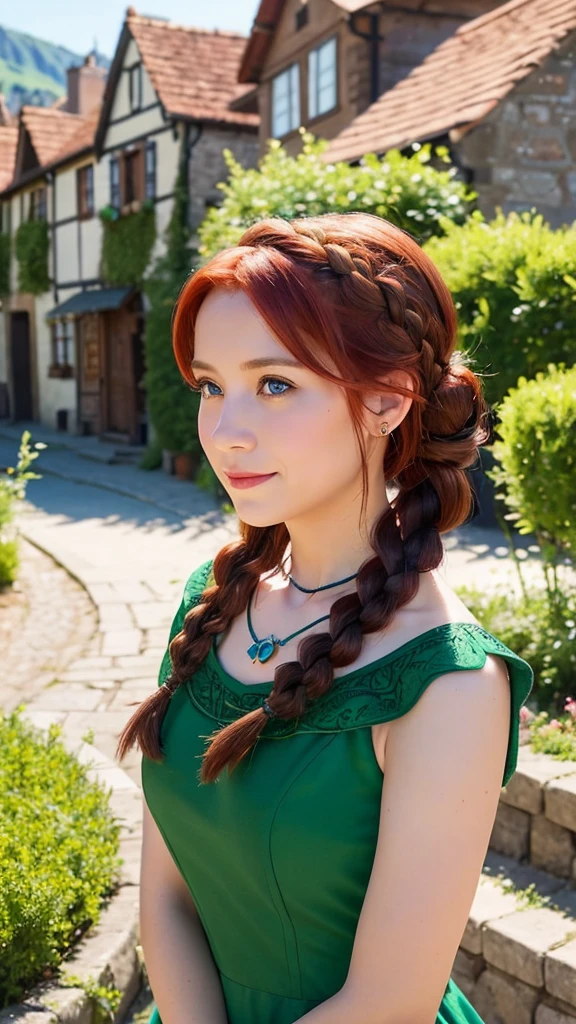 Create a live-action image of Anna from Disney’s Frozen. She should have red hair styled in an updo with braids, wear a green dress with a black choker necklace, and be set in a charming village with quaint buildings in the background. Ensure she has realistic facial features, capturing her warm and adventurous personality, and maintain the essence of the animated character.”