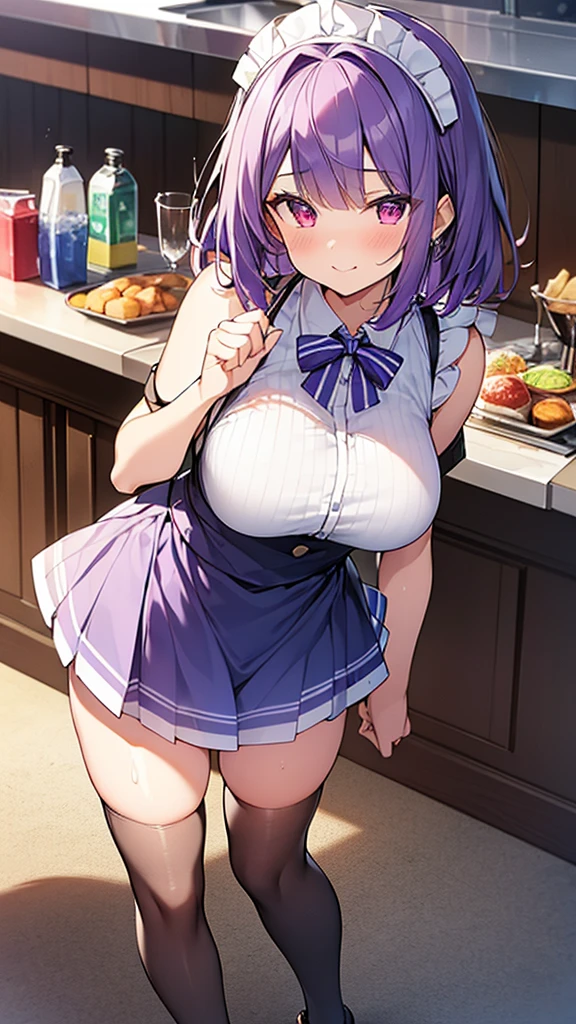 最high quality, high quality, Super detailed, 32k, Ultra-detailed details, waitress(only, Standing, pretty girl, beautiful purple hair, short hair, Beautiful RED eyes, mature, Big Breasts, A light smile, Off-the-shoulder sleeveless Summer メイド服, Summer casual maid clothes, Short skirt, Blue and white color striped underwear, Black knee socks, loafers, My crotch is wet with love juice, 18-year-old,cute), {{A succubus disguised as a waitress approached the target man's sister, peeled off the skin of the sister's face, and stuck it on her own face, becoming the waitress succubus's face., The hem of her skirt is lifted high, exposing her underwear}}, She has transformed from a shy maid into a lewd one., A maid with her sister's face stuck on her face is vigorously pistoning her body, A maid who moves her body vigorously without caring if her breasts bounce, Super detailed, indoor, Full body image, ((Head to Toe:1.3)), NSFW