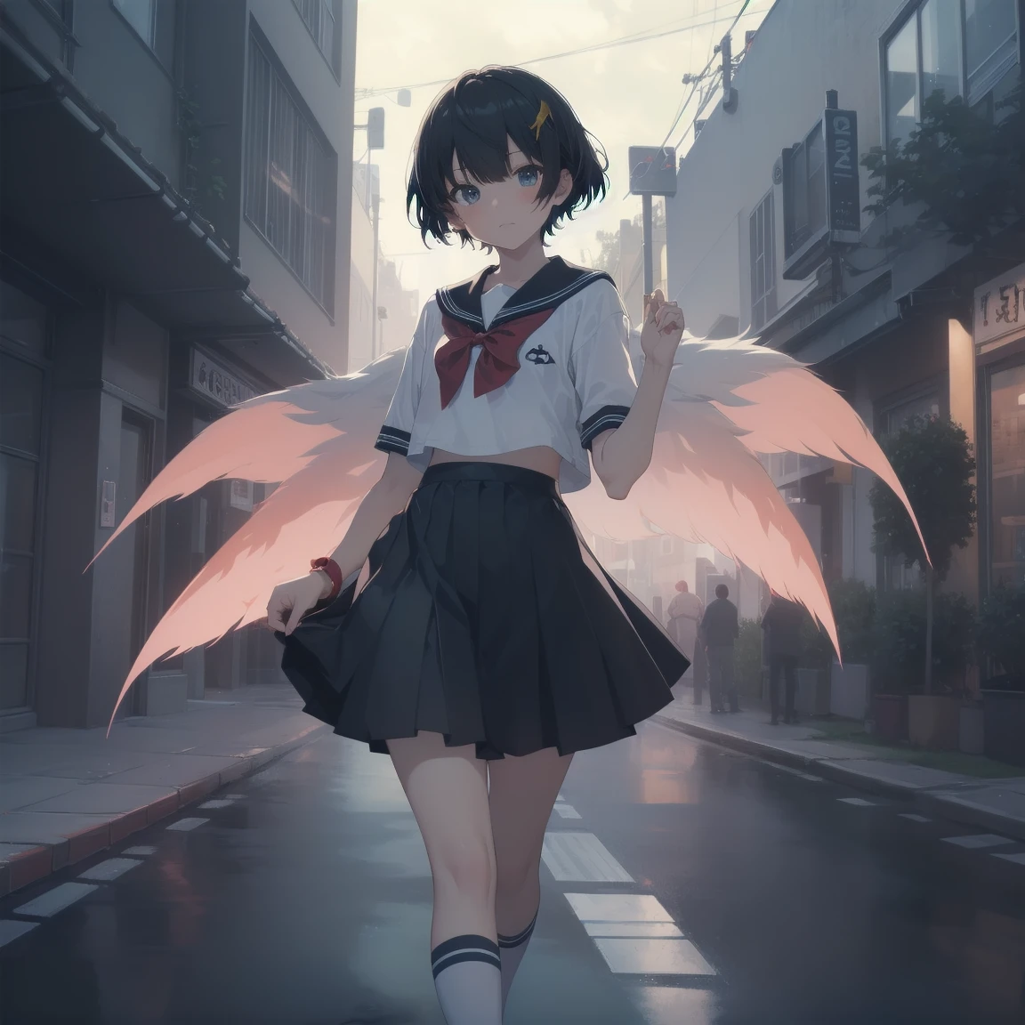 ultra-absurdres-Top quality by artist God, ultra-detailed, high resolution, anime moe artstyle, best anime 8k konachan wallpaper, pixiv contest winner, pool:2810, perfect anatomy,break, 1girl, (Please draw a girl walking sleepily to school alone. )break,(Solo,little female, 13-year-old:1.3),Full limbs, complete fingers,a junior high school student, (very short hair), short cut, flat chest, , small butt, small black eyes, beautiful detailed eyes, well-proportioned iris and pupils, expressive eyes, highres detailed hair, soft expression, salor school_uniform, sailor collar, serahuku, bow, pleated skirt,(Detailed Lighting), (Detailed background), in the School commute route. break,super detailed skin, Best cinematic lighting powered by famous artist, 8k,beauty illustration,photoshop_(medium),very aesthetic,break,((artist:gomashio_(goma_feet) )), artist:clamp ,artist:carnelian ,artist:kantoku ,