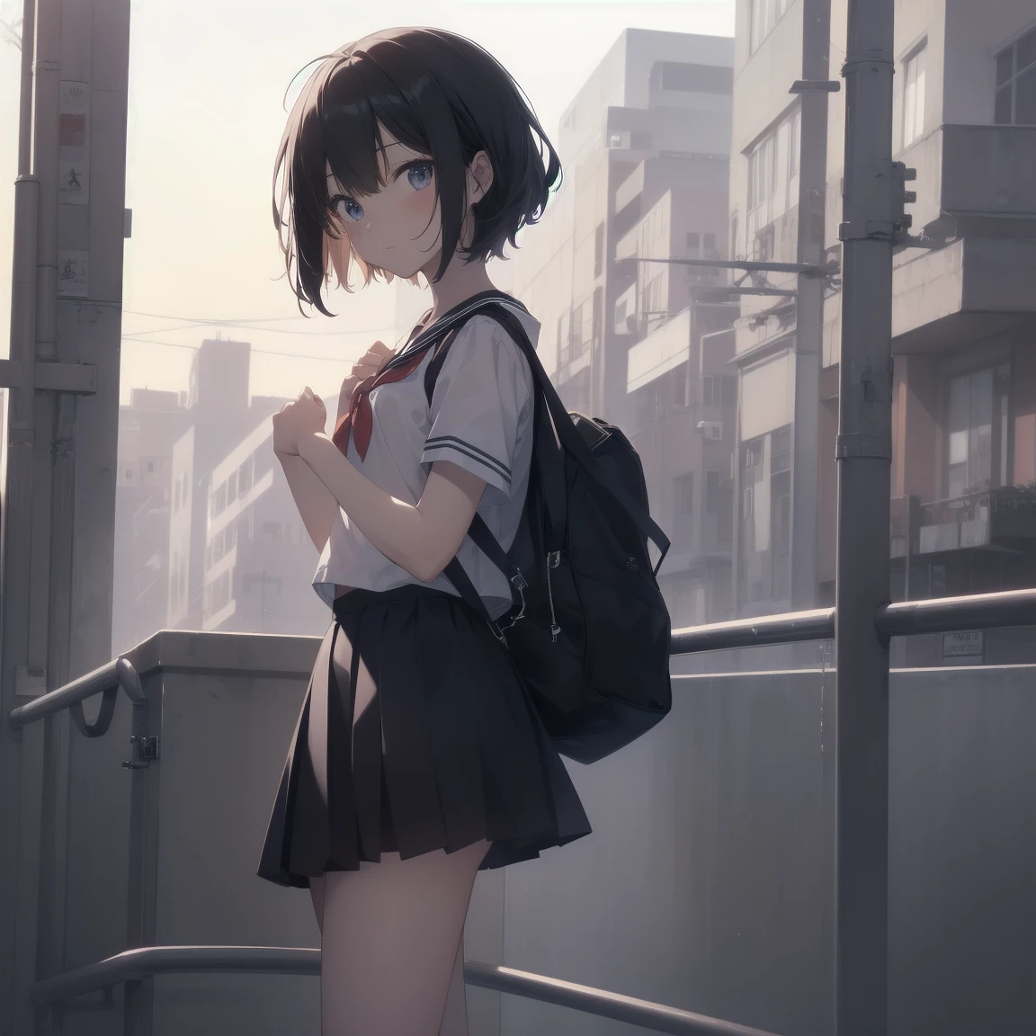 ultra-absurdres-Top quality by artist God, ultra-detailed, high resolution, anime moe artstyle, best anime 8k konachan wallpaper, pixiv contest winner, pool:2810, perfect anatomy,break, 1girl, (Please draw a girl walking sleepily to school alone. )break,(Solo,little female, 13-year-old:1.3),Full limbs, complete fingers,a junior high school student, (very short hair), short cut, flat chest, , small butt, small black eyes, beautiful detailed eyes, well-proportioned iris and pupils, expressive eyes, highres detailed hair, soft expression, salor school_uniform, sailor collar, serahuku, bow, pleated skirt,(Detailed Lighting), (Detailed background), in the School commute route. break,super detailed skin, Best cinematic lighting powered by famous artist, 8k,beauty illustration,photoshop_(medium),very aesthetic,break,((artist:gomashio_(goma_feet) )), artist:clamp ,artist:carnelian ,artist:kantoku ,
