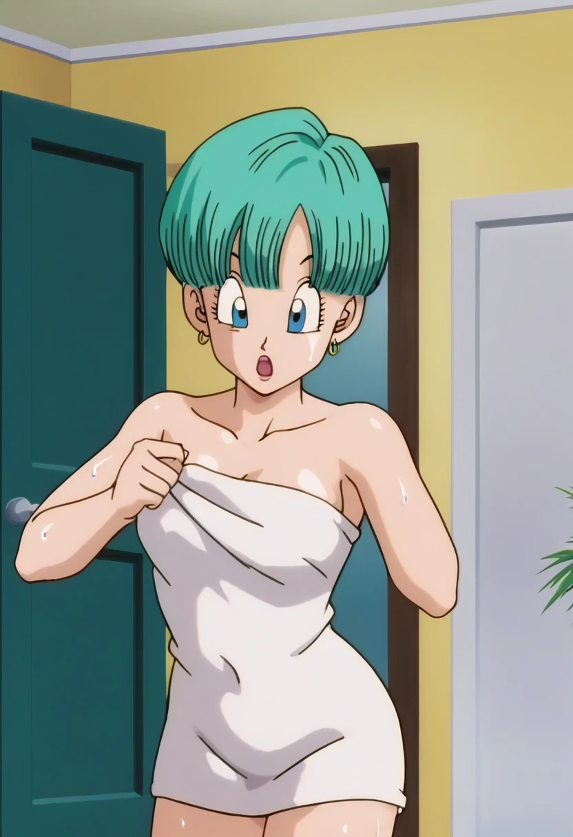 source_anime, score_9, score_8_up, score_7_up, anime screencap,
buu saga, aqua hair, very short hair, bowl cut, blue eyes, wearing bath towel, wet hair, shocked, open mouth, indoors, door, dark room, wet skin, (((sexy pose)))