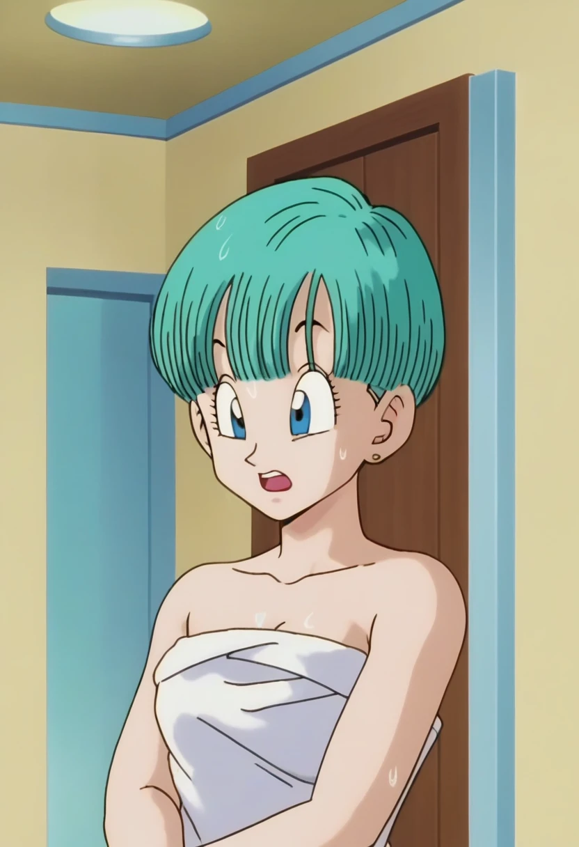 source_anime, score_9, score_8_up, score_7_up, anime screencap,
buu saga, aqua hair, very short hair, bowl cut, blue eyes, wearing bath towel, wet hair, shocked, open mouth, indoors, door, dark room, wet skin, (((sexy pose)))
 