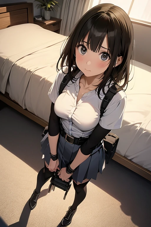 high quality, masterpiece, Ultra-high resolution, (realism: 1.4), Oil painting style, Cinema Lighting, , I stood on the empty asphalt road and looked at it., And the suspenders with the cranes flying Large Breasts Small face holster Lying in bed Looking up Sweat belt summer 脇Sweat Black Hole Gloves suit mini skirt garterbelt Leg Links ズボンにbelt holster Hands behind your back Anxious expression Looking up Anxious face Knee-high Knee socks Knee-highソックス garterbelt garter ふとももにgarterbelt