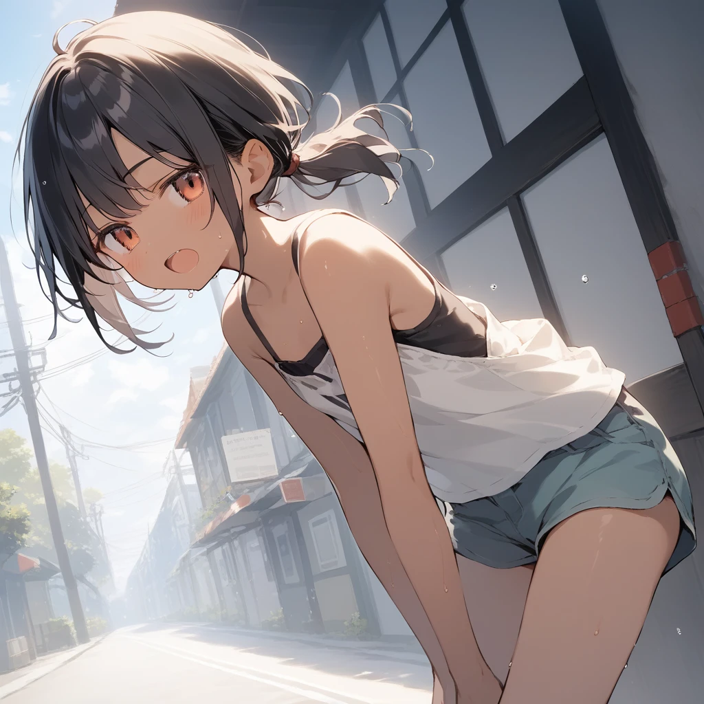 score_9, score_8_up, score_7_up, source_anime, best quality, masterpiece, official art, absurdres, highres, ultra-detailed,waifu2x,Collection: Slice of Life,break,1girl, tomboy, dark-skinned female, short hair, low ponytail, flat chest, beautiful detailed eyes, short shorts, sweat, open mouth, (yawn:0.3), sleepily, outdoors, wind,break,(clear line illustration:1.2), super detailed skin,very high resolution, very aesthetic, Best sexual lighting powered by famous artist, 8k,cute picture,beauty illustration,photoshop_(medium),,(Detailed Lighting),best anime 8k konachan wallpaper, pixiv contest winner,