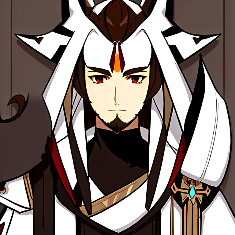 masterpiece, best quality, simple background, simple background, simple background, simple background, portrait, solo, 1man, 30 years old, white fox tail on shoulders, dark brown hair, beard, light armor, dark red eyes