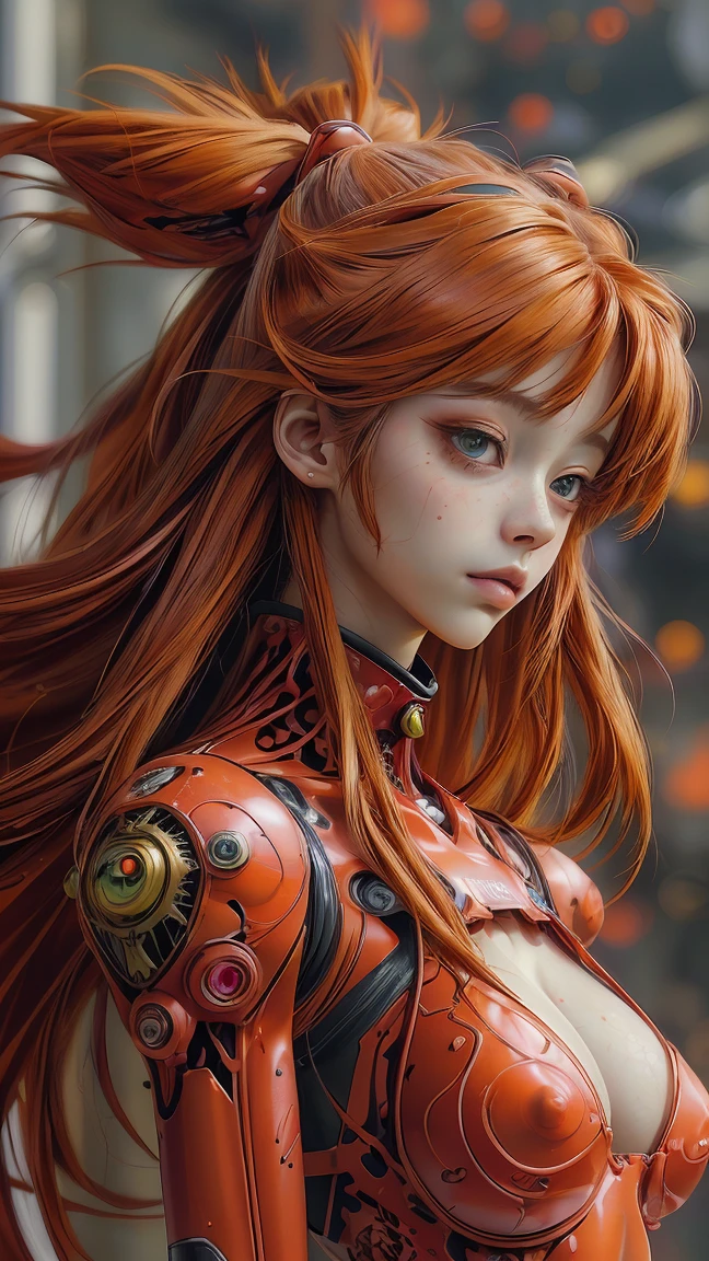 (best quality, masterpiece, colorful, dynamic angle, highest detailed)(Asuka Langley), upper body photo, fashion photography of cute red long hair girl (Asuka Langley), dressing high detailed Evangelion red suit (high resolution textures), in dynamic pose, bokeh, (intricate details, hyperdetailed:1.15), detailed, sunlight passing through hair, colorful art background, (official art, extreme detailed, highest detailed),