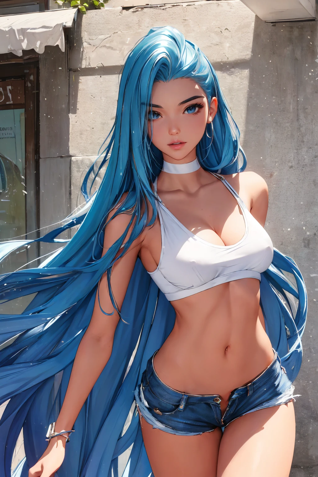(best quality: 1.2), clean face, (masterpiece: 1.2, 8k) perfect anatomy, 1girl,a beautiful fashion model ,(masterpiece, official art, best quality ,long and shiny hair, blue hair with streaks in hair, long hair, full lips, slender body, slim body big breasts, looking at viewer, revealing outfit, absurdity, intricate details, dynamic pose, club, , wearing short shorts and a tight white top, cleavage, torn clothes, thong straps