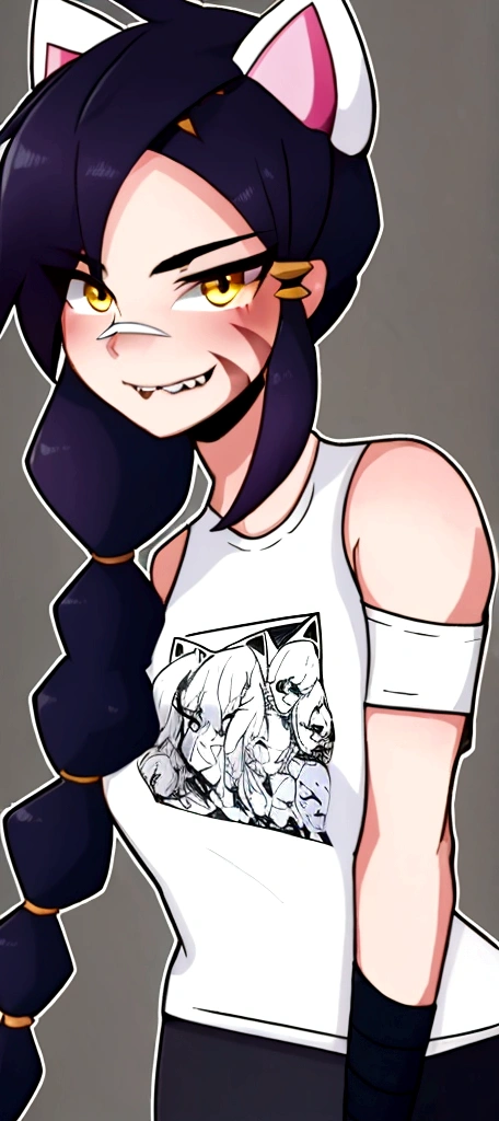 1 girl, Alone, wide, looking at the viewer, black fur, bandage on face, yellow eyes, animal ears, SMILE, bandage on nose, braid, cat ears, bandage, hits, old, fake animal ears, simple background, Open mouth, canine, , bare shoulders, SCAR, teeth, shirt, bare shoulders, white shirt, short sleeves, Closed mouth, t-shirt, hair over one eye, portrait, if, hair over the shoulder, Bermuda,