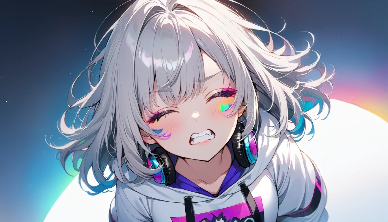 ((Masterpiece)), ((best quality)), (Anime:1.3), (super detail:1.2), (High Definition:1.3), cute young Girl, Glossy unruly hair, (loose swept bangs), (silver ash hair), medium hair, big eyes, (Eye bags:1.3), (Long eyelashes), colorful eyes, (Emqhasis lines:1.3), (closed eyes:1.5), (screaming into the sky:1.3), Glossy lips, (jagged teeth), ((white hoodie with oversized)), barearms, cute, (colorful:1.3), gothic makeup, wearing headphones,(from above:2),