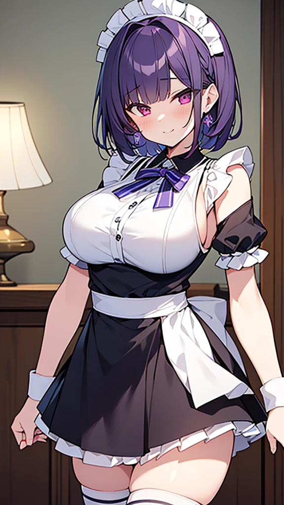 最high quality, high quality, Super detailed, 32k, Ultra-detailed details, , {{The succubus maid has the face of my sister}}, (only, Standing, pretty girl, beautiful purple hair, short hair, Beautiful RED eyes, mature, Big Breasts, A light smile, Off-the-shoulder sleeveless Summer cute maid outfit, Summer casual maid clothes, Short skirt, Blue and white color striped underwear, Black knee socks, loafers, She&#39;s holding 大きく up her skirt with both hands to show her underwear, 18-year-old,cute), A maid who moves her body vigorously without caring if her breasts bounce, Super detailed, indoor, maid Cafe, Full body image, ((Head to Toe:1.3)), NSFW