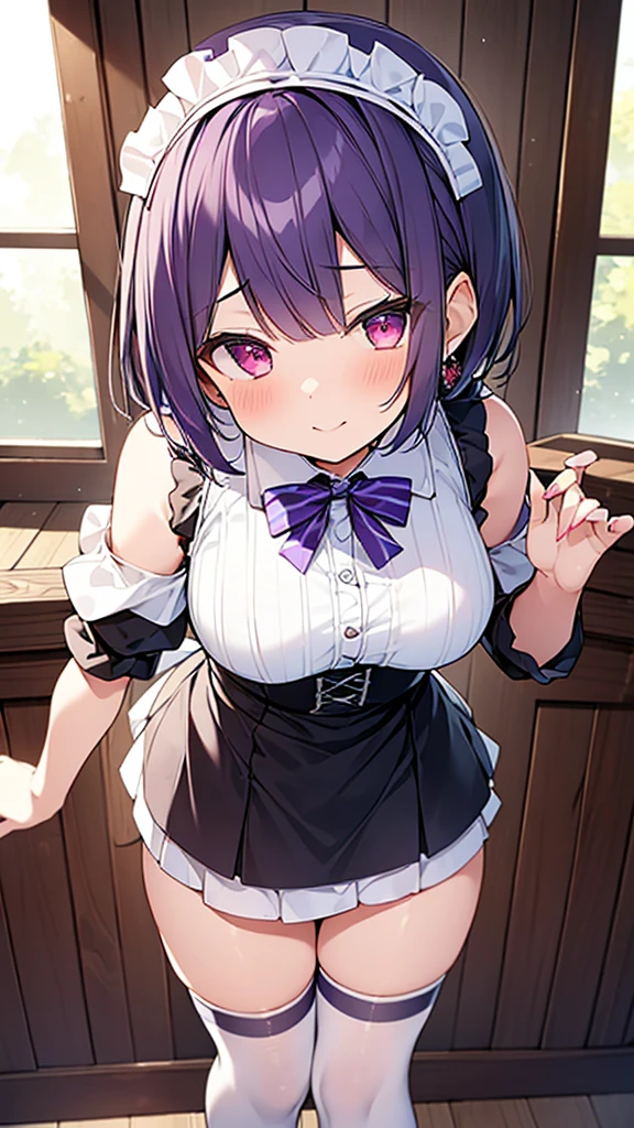 最high quality, high quality, Super detailed, 32k, Ultra-detailed details, , {{The succubus maid has the face of my sister}}, (only, Standing, pretty girl, beautiful purple hair, short hair, Beautiful RED eyes, mature, Big Breasts, A light smile, Off-the-shoulder sleeveless Summer cute maid outfit, Summer casual maid clothes, Short skirt, Blue and white color striped underwear, Black knee socks, loafers, She&#39;s holding 大きく up her skirt with both hands to show her underwear, 18-year-old,cute), A maid who moves her body vigorously without caring if her breasts bounce, Super detailed, indoor, maid Cafe, Full body image, ((Head to Toe:1.3)), NSFW