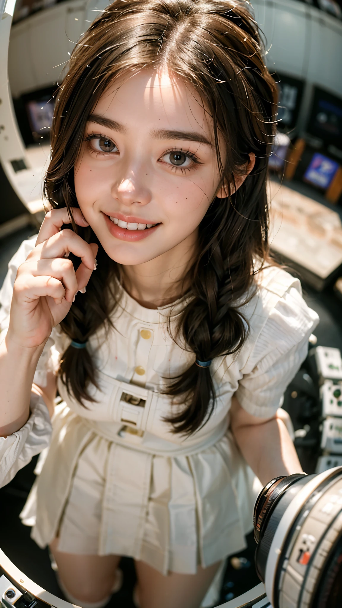 Highest quality, masterpiece, Ultra-high resolution,8K, (Realistic:1.6), (Close-up portrait:1.4) RAW Photos, ((Fashion in white tones)),((Up Facial)),girl,(Full of smiles, Showing teeth)), 22 years old,((Random Hairstyles)),((Looking up at the audience)),Face Focus:1.4,((Shooting from above with a fisheye lens:1.4)),