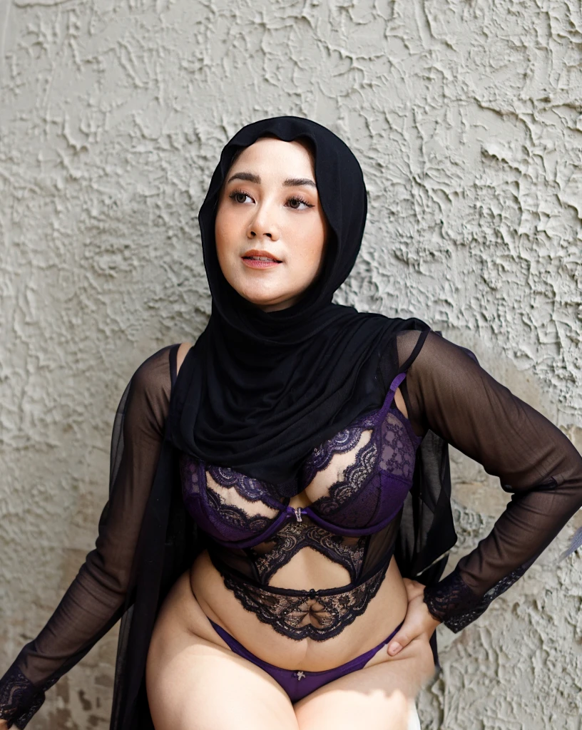 1 malay woman in hijab, uplifted hijab, smiling, big breast, thick thighs, slim woman body, wearing purple lace bra and panties, excellent lighting.