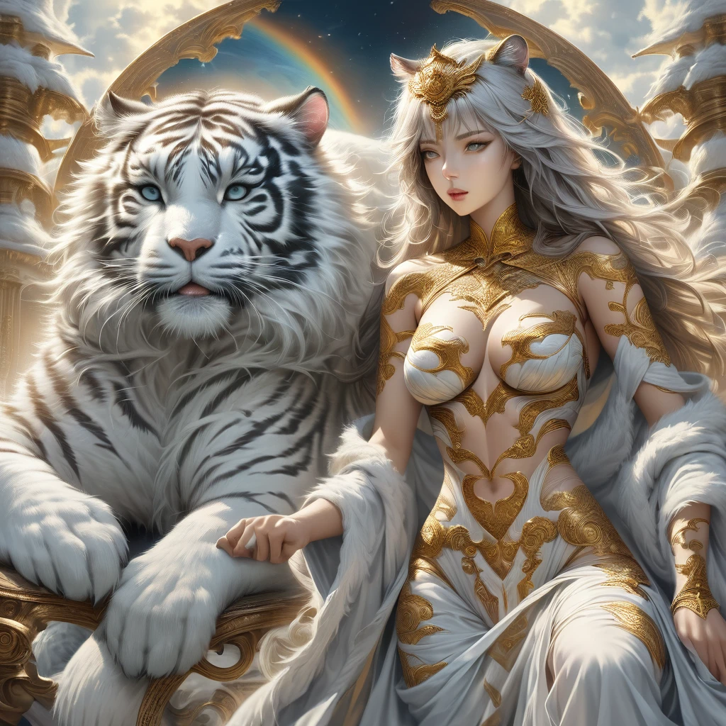 [intricate and detailed masterpiece of a goddess, realistic 4k image], the goddess is of human-feline race, she is decorated with intricate tiger tattoos, wearing a celestial outfit with golden embroidery, ( accompanied by her faithful companion the white tiger) in a heavenly place