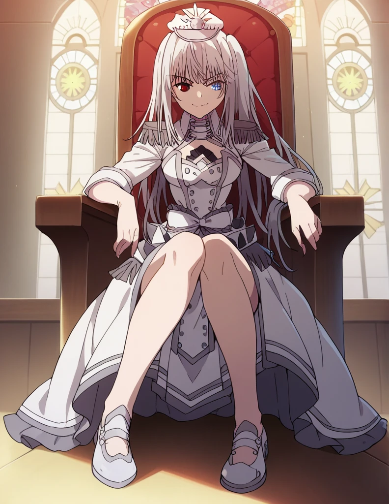 1girl, solo, source_anime, white queen, white queen, full length, long hair, loose hair, medium breasts, looking at viewer, bangs, smile, heterochromia, red eyes, blue eyes, sitting, arrogant smile, legs, cleavage, indoors, on the throne, closed mouth, heterochromia, crossing legs, pov