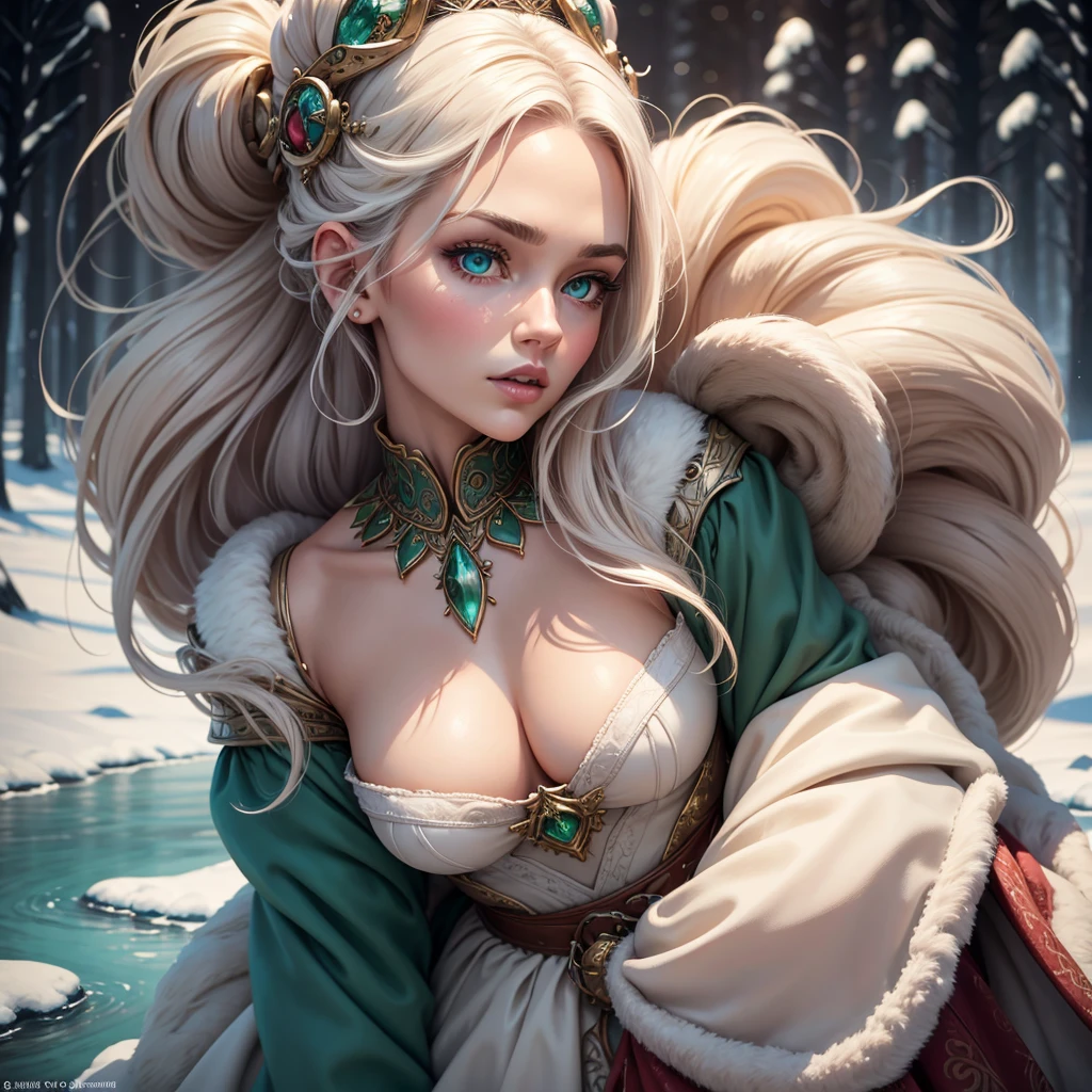 vintage style fantasy, masterpiece, magnificent art, best quality, 1girl, close-up girl nordic princess, Scandinavian mountains, winter weather, symmetrical and hyper detailed face, silky skin like peach silk, vibrant and aggressive green eyes, white and messy hair up to the waist, sculptural body, (sparks: 0.7), Adobe Illustration, Trand on Artstation, 8K, hd, UHD, cold and soft lighting, --q 500 --s 100, -
