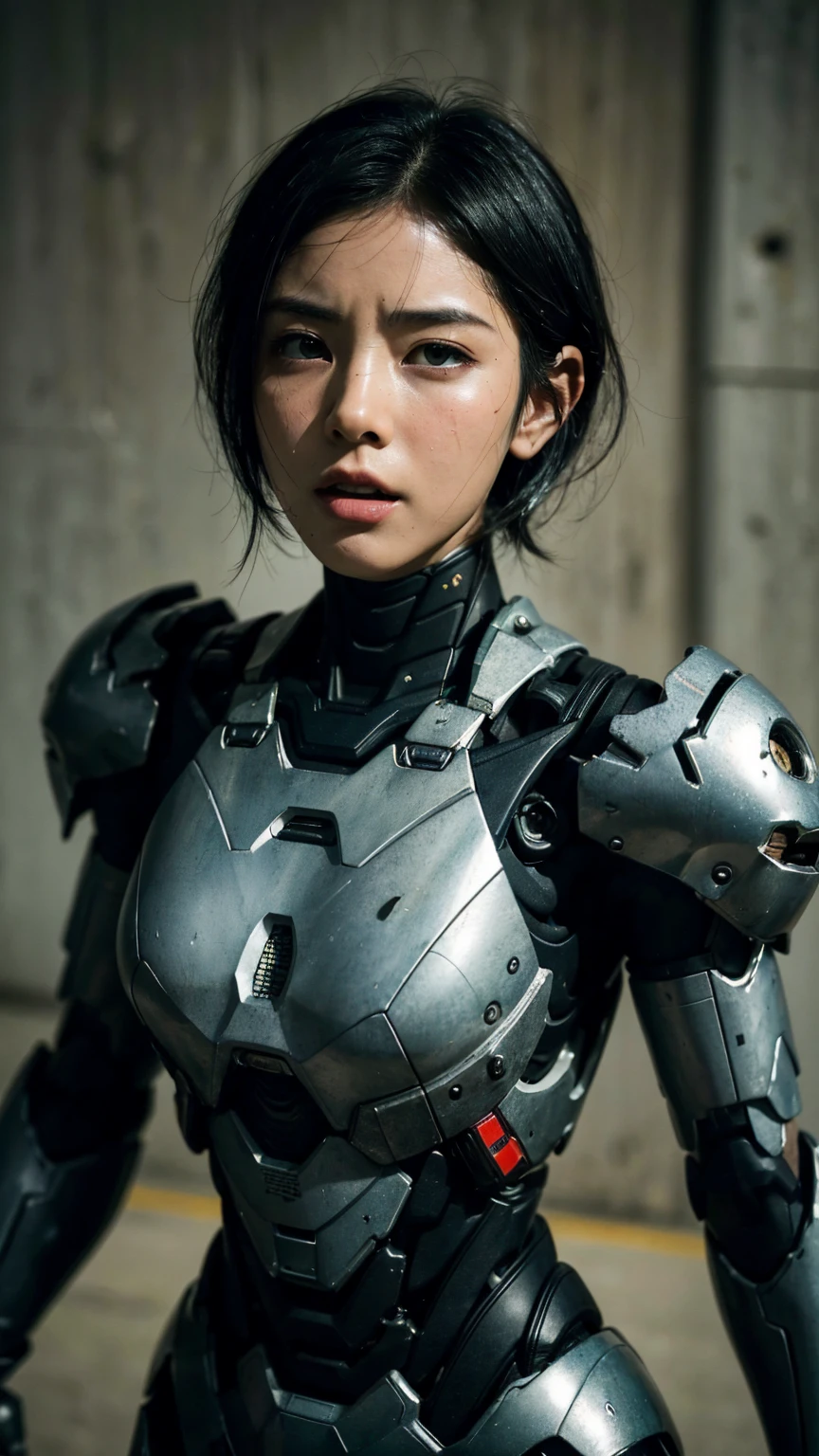 Textured skin, Very detailed, Attention to detail, high quality, 最high quality, High resolution, 1080P, hard disk, beautiful,(War Machine),beautifulサイボーグ女性,Mecha Cyborg Girl,Battle Mode,Girl with a mechanical body　Black Hair　Short Hair Boyish　Dark green armor　Sweaty and wet face　(Hitting a wall)(The headgear breaks and flies away)　(Flying debris)Steam coming out of my head　Steam coming out of the whole body　Painful expression　Hollow Eyes　Please open your mouth wide　Snug-fitting headgear　Black Inner Suit　Full body portrait　（front）