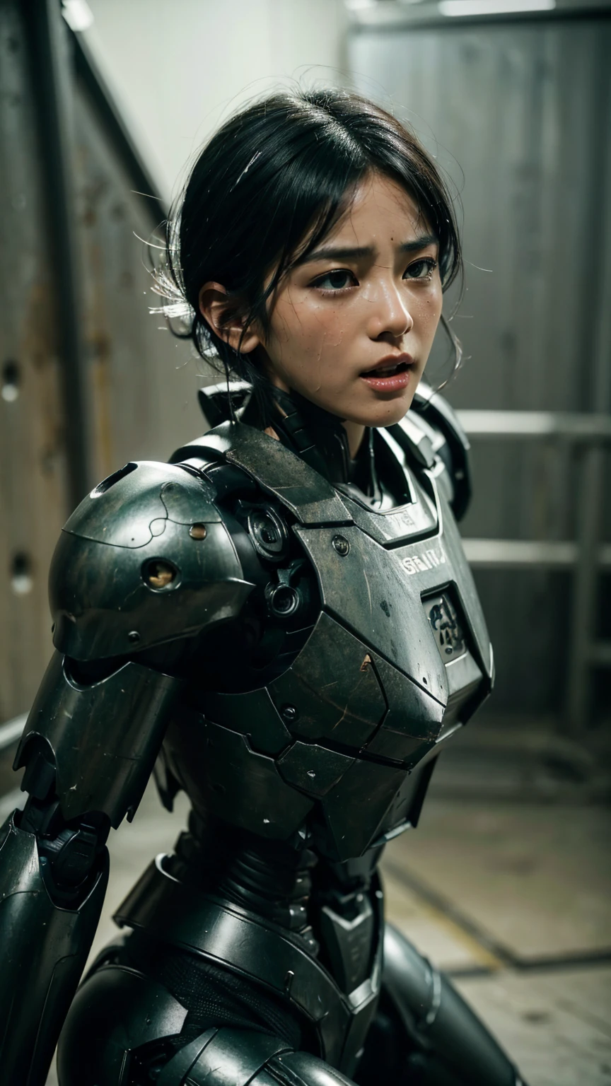 Textured skin, Very detailed, Attention to detail, high quality, 最high quality, High resolution, 1080P, hard disk, beautiful,(War Machine),beautifulサイボーグ女性,Mecha Cyborg Girl,Battle Mode,Girl with a mechanical body Black Hair Short Hair Boyish Dark green armor Sweaty and wet face (Hitting a wall)(The headgear breaks and flies away) (Flying debris)Steam coming out of my head Steam coming out of the whole body Painful expression Hollow Eyes Please open your mouth wide Snug-fitting headgear Black Inner Suit Full body portrait (front)