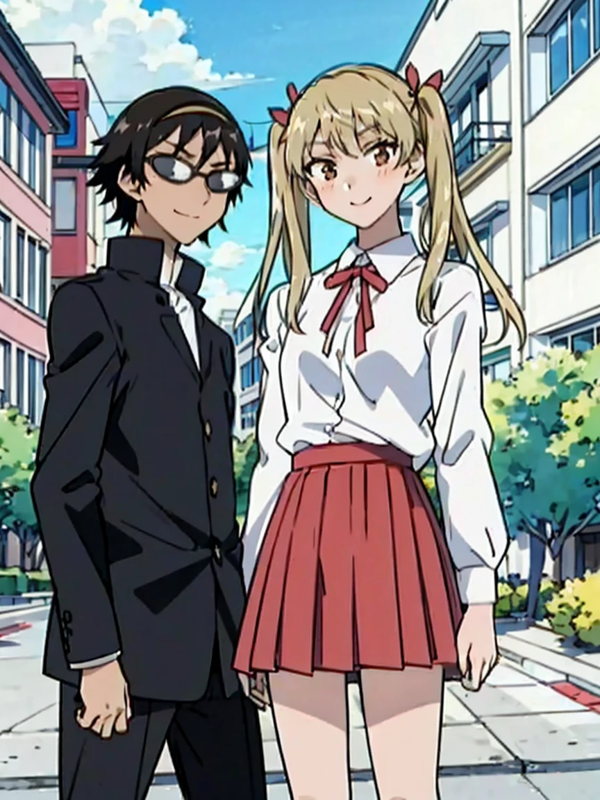 1 boy and 1 girl stand in the street,twintails,sawachika eri, brown eyes, hair ribbon,harimakenji, glasses, ,school uniform, red pleated skirt,eri,hairband, looking_at_viewer, serious, gakuran, white_shirt,smile,happy,two persons