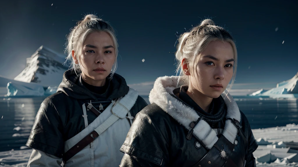 an old american samurai warrior, white hair tied in a bun, holding a sword, detailed face and eyes, , snowy(Antarctica)  landscape, cinematic lighting, photorealistic, masterpiece, 8k