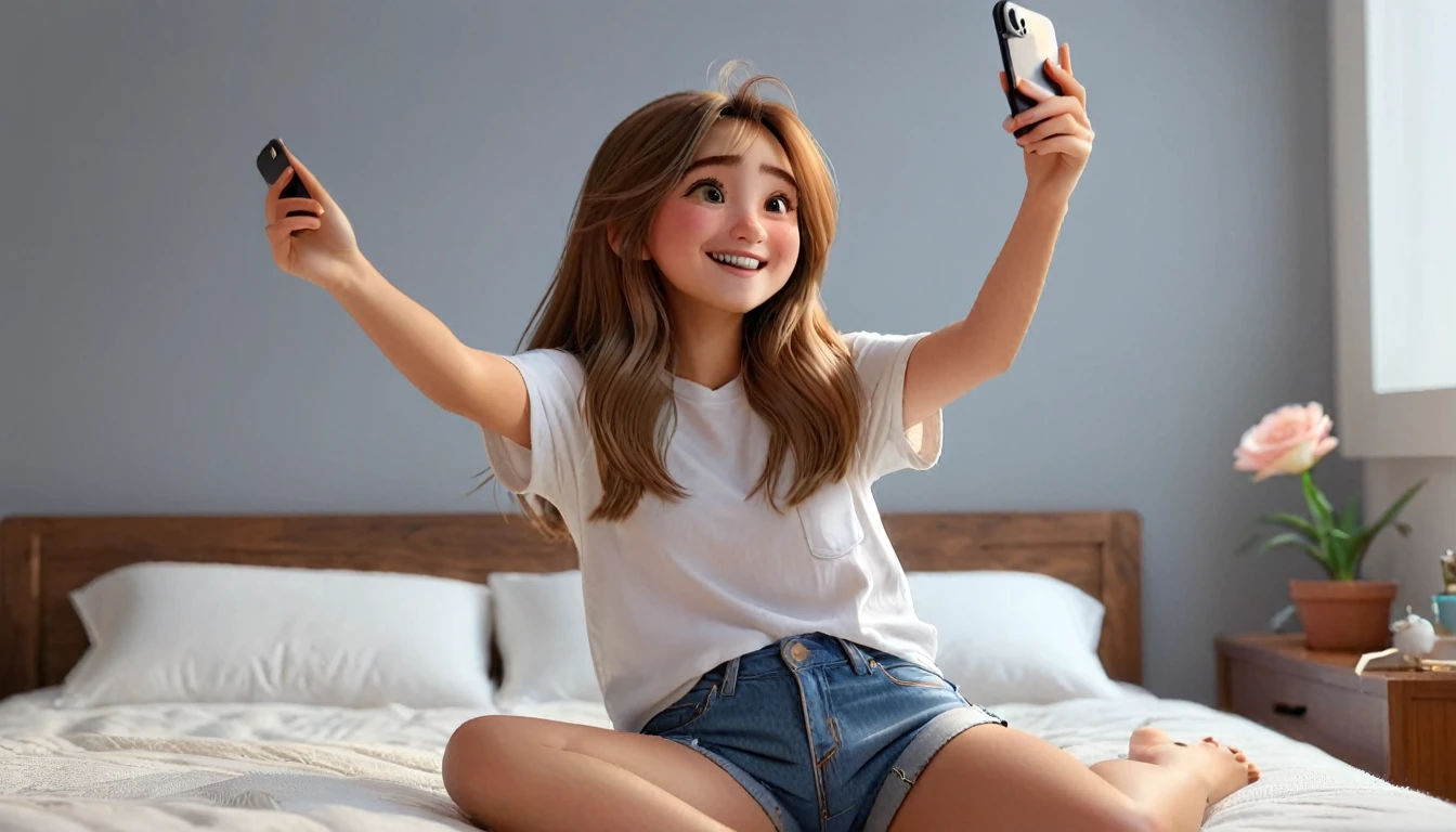 ((masterpiece, best quality)), award winning, 4k, 8k, simple background, photography, visible face, (one girl), 20 years old, Teenage girl with a cheerful and playful demeanor. She has long, straight hair, a simple white plain t-shirt and denim shorts. wariza in bed, taking selfie. Perfect hands. Pixar Character.