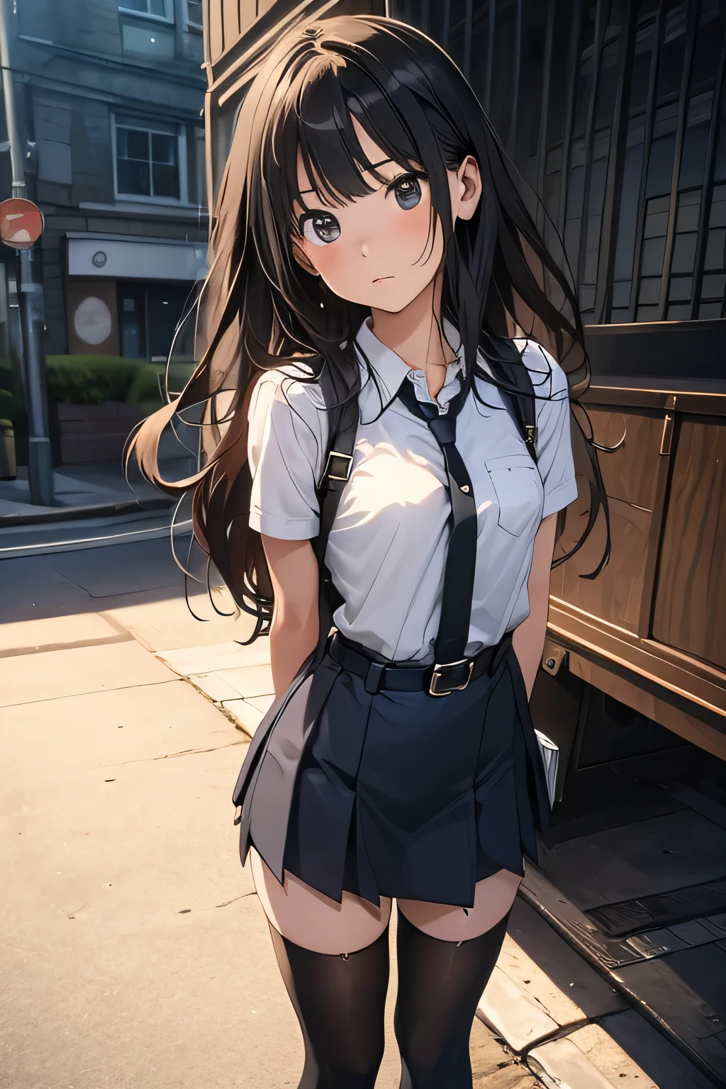 high quality, masterpiece, Ultra-high resolution, (realism: 1.4), Oil painting style, Cinema Lighting, , I stood on the empty asphalt road and looked at it., And the suspenders with the cranes flying　　Large Breasts　 　 　　　　Small face　 　　　holster　　　　　　　 Lying in bed　Looking up　　　　Sweat 　　　belt　summer　脇Sweat 　Black Hole Gloves　suit　　　　 mini skirt　garterbelt　Leg Links　ズボンにbelt　　holster　 　　Hands behind your back　 Anxious expression　Looking up　Anxious face　Knee-high　Knee socks　Knee-highソックス garterbelt　garter　ふとももにgarterbelt