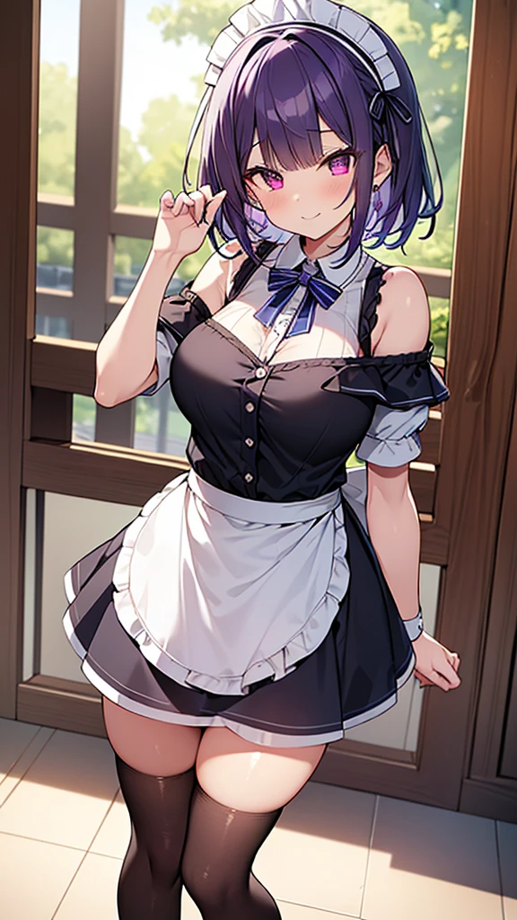 最high quality, high quality, Super detailed, 32k, Ultra-detailed details, , {{The succubus maid has the face of my sister}}, (only, Standing, pretty girl, beautiful purple hair, short hair, Beautiful RED eyes, mature, Big Breasts, A light smile, Off-the-shoulder sleeveless Summer cute maid outfit, Summer casual maid clothes, Short skirt, Blue and white color striped underwear, Black knee socks, loafers, She&#39;s holding 大きく up her skirt with both hands to show her underwear, 18-year-old,cute), A maid who moves her body vigorously without caring if her breasts bounce, Super detailed, indoor, maid Cafe, Full body image, ((Head to Toe:1.3)), NSFW