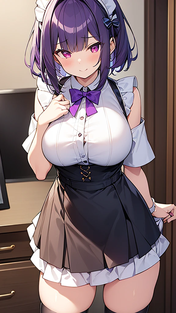 最high quality, high quality, Super detailed, 32k, Ultra-detailed details, , {{The succubus maid has the face of my sister}}, (only, Standing, pretty girl, beautiful purple hair, short hair, Beautiful RED eyes, mature, Big Breasts, A light smile, Off-the-shoulder sleeveless Summer cute maid outfit, Summer casual maid clothes, Short skirt, Blue and white color striped underwear, Black knee socks, loafers, She&#39;s holding 大きく up her skirt with both hands to show her underwear, 18-year-old,cute), A maid who moves her body vigorously without caring if her breasts bounce, Super detailed, indoor, maid Cafe, Full body image, ((Head to Toe:1.3)), NSFW