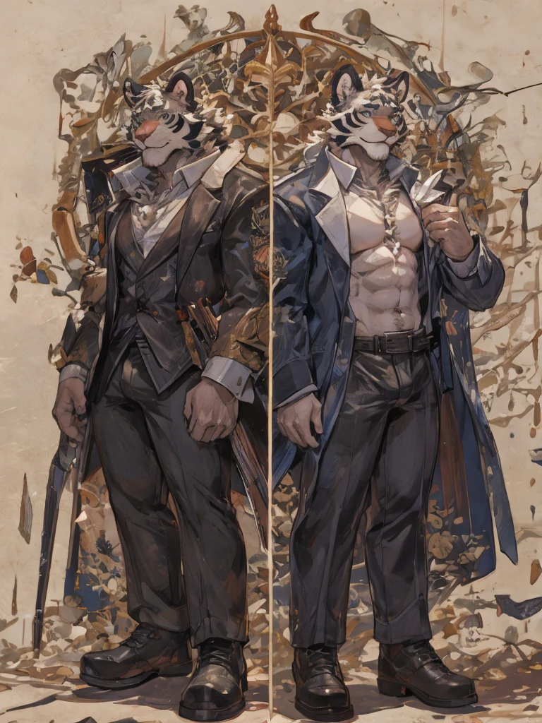 {{bara extremely handsome white tiger,}} {{white fur,}} white, wearing elegant ornate suit jacket, trousers, white dress shirt and necktie, white fluffy furry body and limbs, loafers, very tall, very broad shoulders, narrow waist, muscular arms, massive pecs, purple eyes, very long legs, massive bulge, sophisticated hot look, full body, 3/4 view, best quality, high quality, silver earring on left ear, sultry smirk, multiple views, character sheet