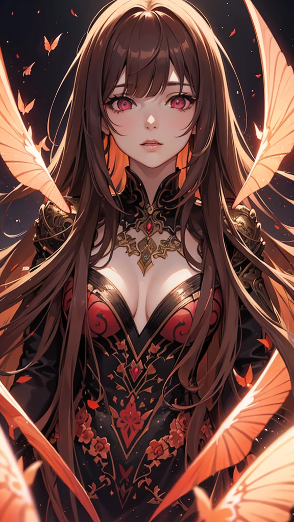 A beautiful adult female vampire with light brown hair in long style with bangs, captivating pink eyes, surrounded by red butterflies, hyperrealistic, highly detailed, intricate, dramatic lighting, cinematic, digital art, concept art, portrait, ultra-detailed, 8k, photorealistic