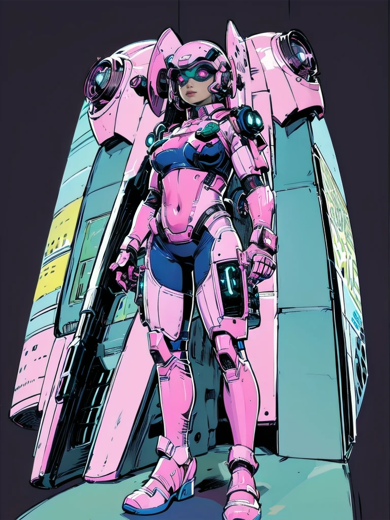 masterpiece, best quality, 1girl, solo, retro futuristic cyborgwoman, seamlessly blending mechanics and elegance. fit, small breasts, blueish skin, with magenta hair, fashion modeling pose, form fitting pastel green and pink with black colorblocking gundam suit-like-armor , happy, wild hair, humanoid face with bigger eyes and some cyberparts holding a retro futuristoc space-gun, plain background, dark colors, Anime, Cartoon, Comic Book, Concept Art