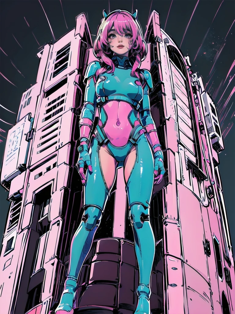 masterpiece, best quality, 1girl, solo, retro futuristic cyborgwoman, seamlessly blending mechanics and elegance. fit, small breasts, blueish skin, with magenta hair, fashion modeling pose, form fitting pastel green and pink with black colorblocking gundam suit-like-armor , happy, wild hair, humanoid face with bigger eyes and some cyberparts holding a retro futuristoc space-gun, plain background, dark colors, Anime, Cartoon, Comic Book, Concept Art