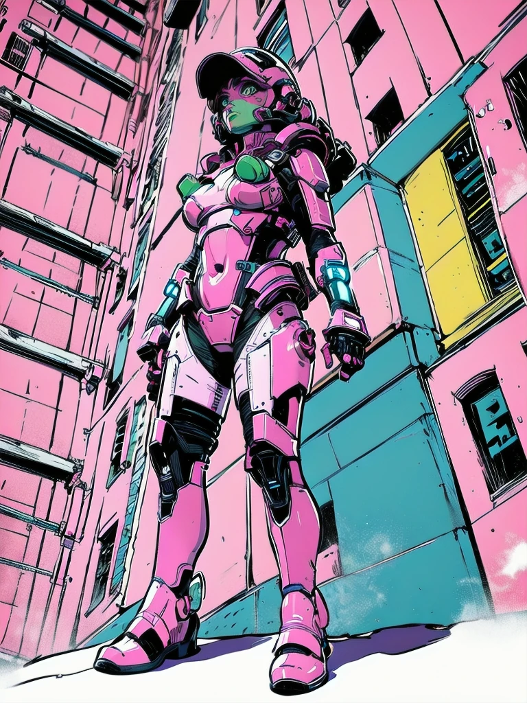 masterpiece, best quality, 1girl, solo, retro futuristic cyborgwoman, seamlessly blending mechanics and elegance. fit, small breasts, blueish skin, with magenta hair, fashion modeling pose, form fitting pastel green and pink with black colorblocking gundam suit-like-armor , happy, wild hair, humanoid face with bigger eyes and some cyberparts holding a retro futuristoc space-gun, plain background, dark colors, Anime, Cartoon, Comic Book, Concept Art