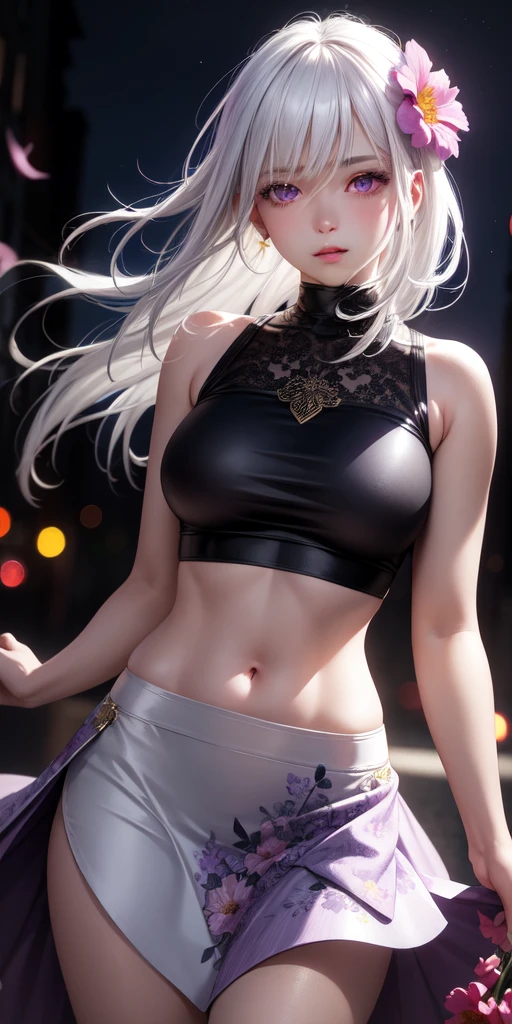realistic, 1girl, white hair, purple eyes, glowing eyes, crop top, skirt, parted lips, blush, night, flowers, sun, sunlight,