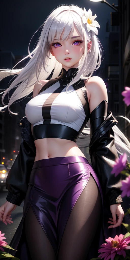 realistic, 1girl, white hair, purple eyes, glowing eyes, crop top, skirt, parted lips, blush, night, flowers, sun, sunlight,