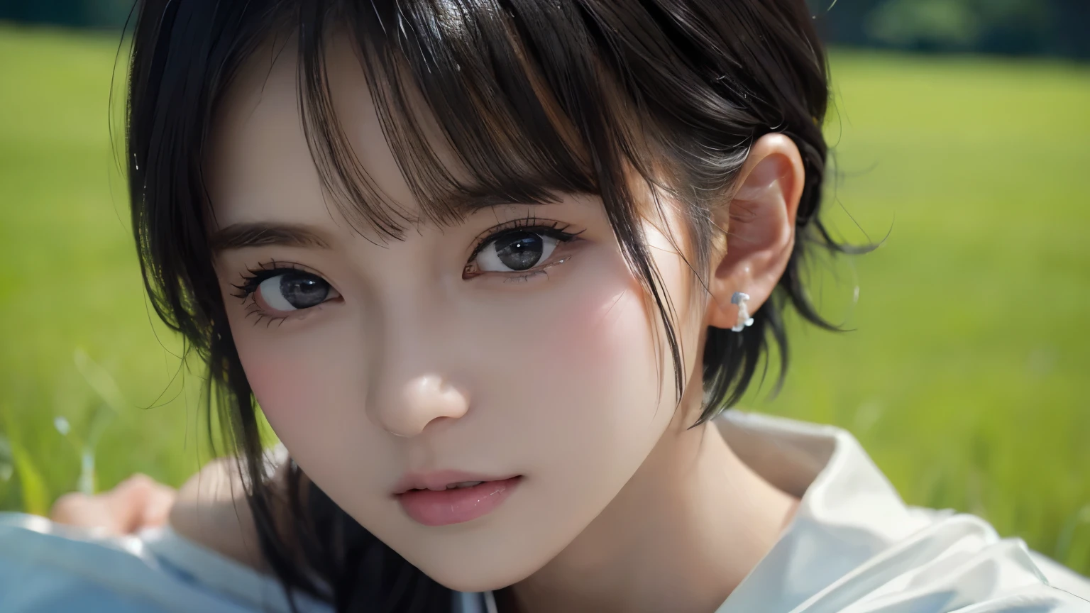 (((Black Short Hair))), (grassland), Seductive pose, 背景がgrassland、Image from chest up:1.6)、Close-up portrait of a woman wearing a white off-the-shoulder top dress and earrings, Soft portrait shot 8k, Nice delicate face, High-quality 4K portraits, High-quality portraits, Soft, perfect, pale skin, 8K Highly Detailed Face, なbeautiful繊細な顔, beautiful光の大きな目, Beautiful and realistic face, beautiful14Old woman, Beautiful and realistic face, cute14Old woman