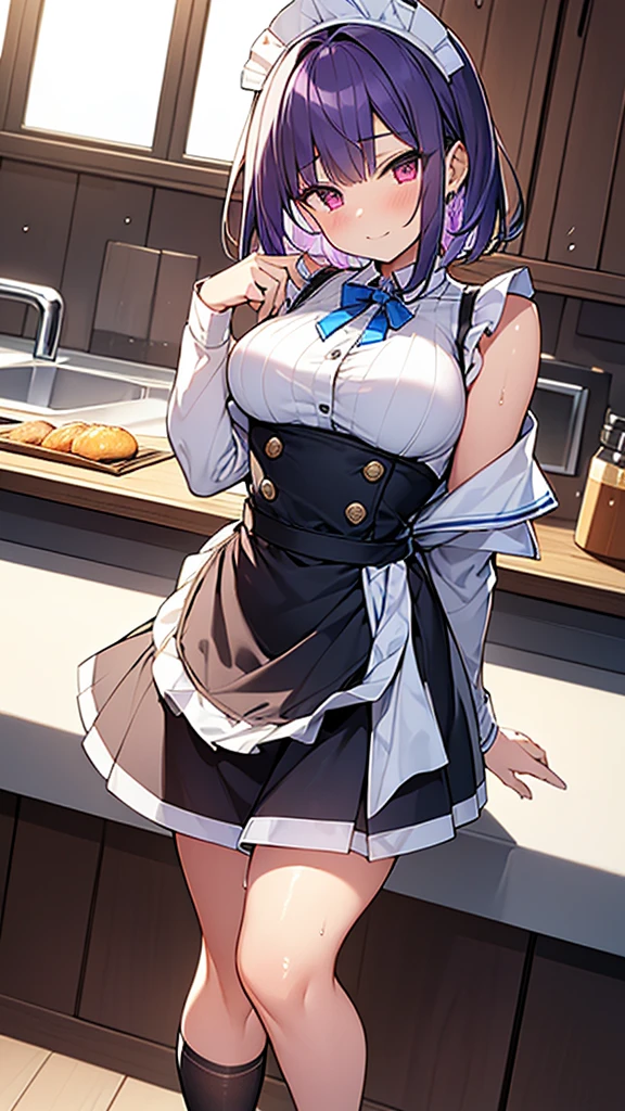 highest quality、masterpiece、((1 girl:1.5))、((smile:1.3))、(blush:1.4)、Black Shirt、blouse、((fun!!))、(Small breasts)、()、Blonde、(Long sleeve)、((White apron:1.5))、((Maid))、((hair ornaments)),、Kamimei、look at me、 ((in house:1.5))、 Taking a break from watching the audience、Cowboy Shot、((Shaved:1.5))、(Roll-up skirt:1.3)、(Fully exposed and highly detailed labia:1.5)、((Skirt lift:1.5)),()、()、Pink、(スカート that rolls up:1.3)、()、Light blue eyes、long hair、Glowing Eyes