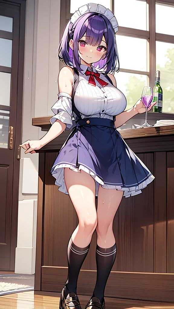 最high quality, high quality, Super detailed, 32k, Ultra-detailed details, waitress(only, Standing, pretty girl, beautiful purple hair, short hair, Beautiful RED eyes, mature, Big Breasts, A light smile, Off-the-shoulder sleeveless Summer メイド服, Summer casual maid clothes, Short skirt, Blue and white color striped underwear, Black knee socks, loafers, My crotch is wet with love juice, 18-year-old,cute), {{A succubus disguised as a waitress approached the target man's sister, peeled off the skin of the sister's face, and stuck it on her own face, becoming the waitress succubus's face., The hem of her skirt is lifted high, exposing her underwear}}, She has transformed from a shy maid into a lewd one., A maid with her sister's face stuck on her face is vigorously pistoning her body, A maid who moves her body vigorously without caring if her breasts bounce, Super detailed, indoor, Full body image, ((Head to Toe:1.3)), NSFW
