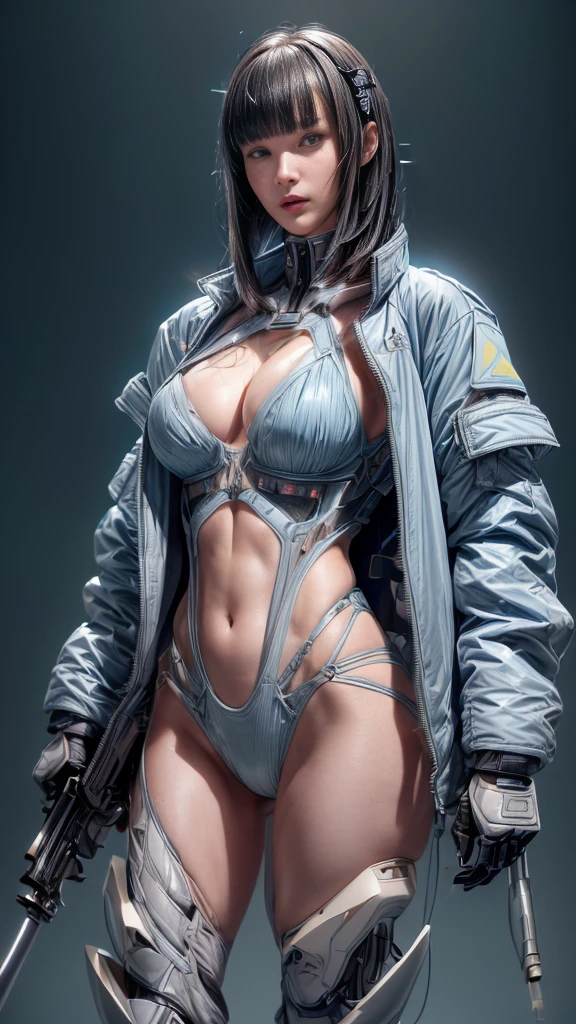 ((((In combat:1.1))))、(Browsing Caution:1.2)、((Too much exposed skin))、Very beautiful woman、Slender women、(Detailed face)、Realistic Skin、((Delicate photo))，(Girl masterpiece RAW photo details:1.25), (Highest quality:1.6), (Ultra-high resolution:1.5), (Realistic:1.75), 8K resolution, Canon EOS R5, 50mm, Absurd, Super detailed,Cinema Lighting、One Girl, 白hair,((princess_cut))、smile、 Window Shades,((Super tight light blue jacket coat)), Chest Rig, cyber punk, ((Techwear)),I can see your abs、Good top、((Big Breasts))、((The abdomen is visible))、(((Very subtle and futuristic design)))、((sexy wedgie))、((logo))、((Characters on clothing))、((With the weapons of the future))、((Posing))、(((blunt bangs)))