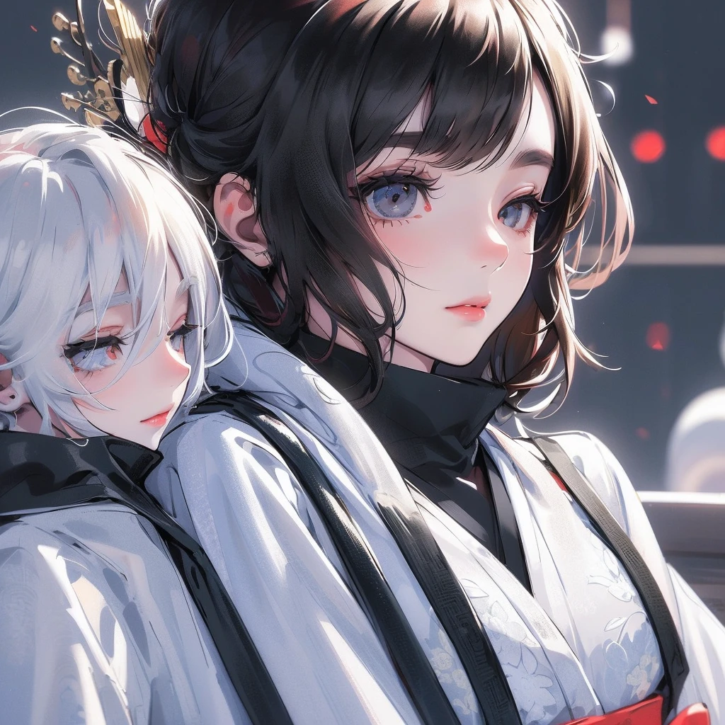 beautiful woman wearing white kimono, Her eyes were covered with black cloth, black cloth blindfold cover her eyes, frosty, close shot,Masterpiece, kimono, professional, anime style, stylized, romantic, dreamy, simple plain background, hyper minimalism, surrealism), natural lighting, HD, 64K, dark background