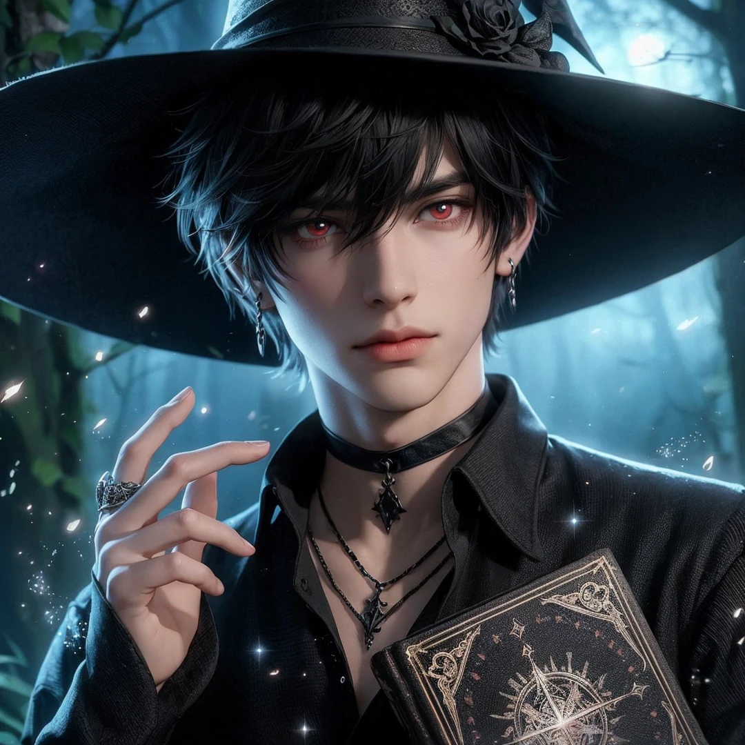 Handsome boy, black hair, red eyes, wearing black witch hat, wearing black witch clothes, holding a black magic book, magic forest background